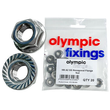 Olympic Fixings M8 Hexagon Flange Nut A2 Stainless steel (Pack of 20)