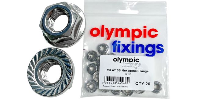 Olympic Fixings M8 Hexagon Flange Nut A2 Stainless steel (Pack of 20)