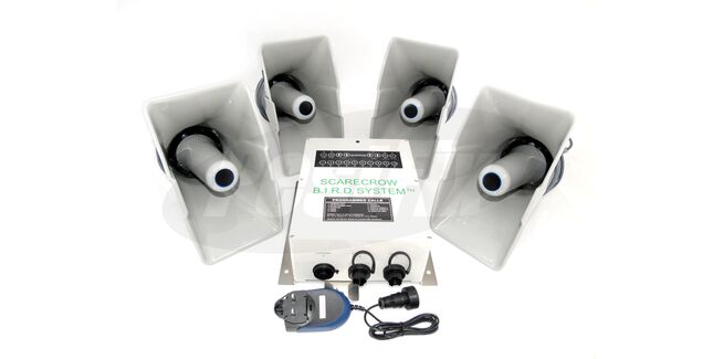 Scarecrow B I R D 4-Speaker Bio Acoustic Bird Dispersal System - 12V DC Power Battery Clips Option