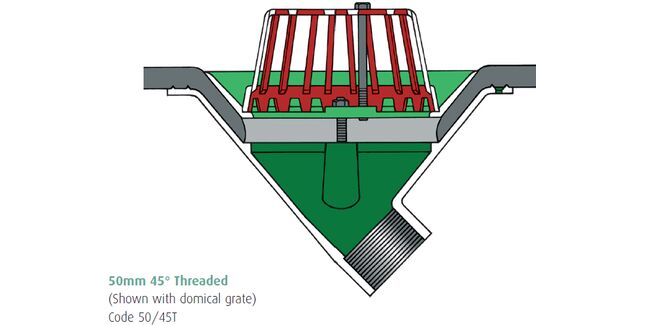 Caroflow 50mm 45 Degree Threaded Flat Roof Outlets (Dome Grate)